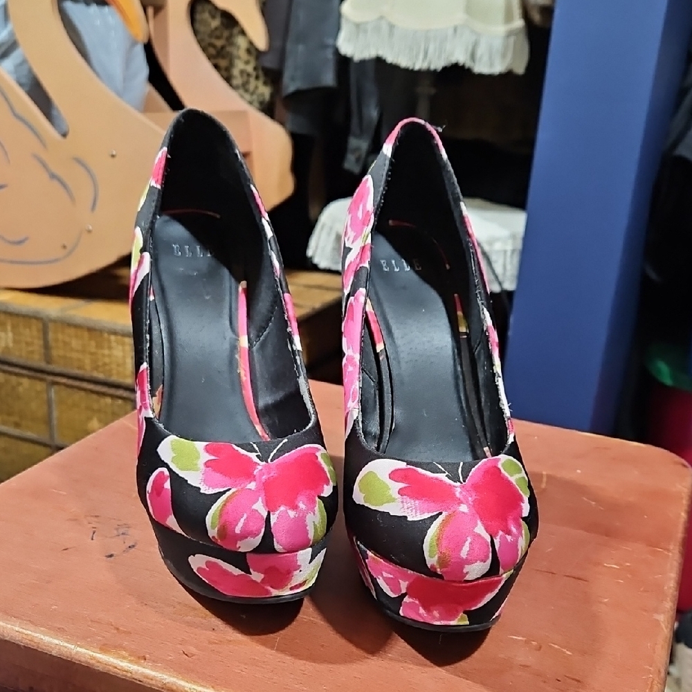 Elle Black Heels with Pink and Green Floral Design